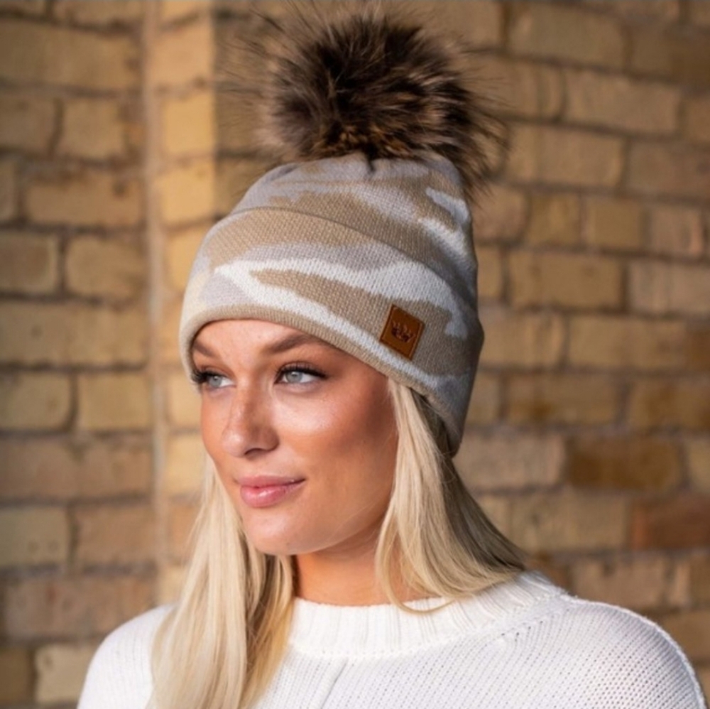 Panache Tan and White Camo‎ Knit Beanie With Pom Pom